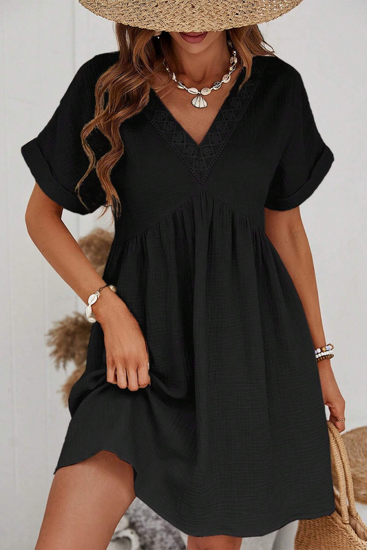 Black Folded Short Sleeve Lace V Neck Mini Dress - Premium Dresses/Mini Dresses from Momma Done Gone Crafty- Just $34! Shop now at Momma Done Gone Crafty