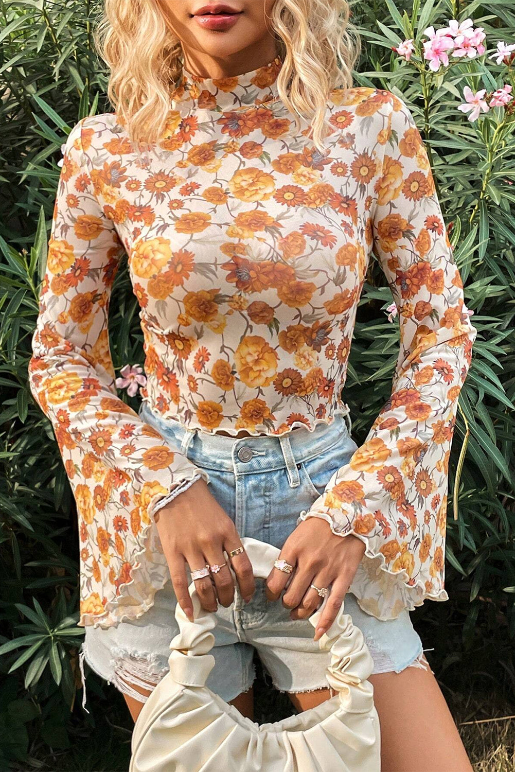 Orange Floral Printed Bell Sleeve Mock Neck Scallop Trim Blouse - Premium Tops/Blouses & Shirts from Ashes 2 Wildflowers Boutique, LLC- Just $24.80! Shop now at Ashes 2 Wildflowers Boutique, LLC