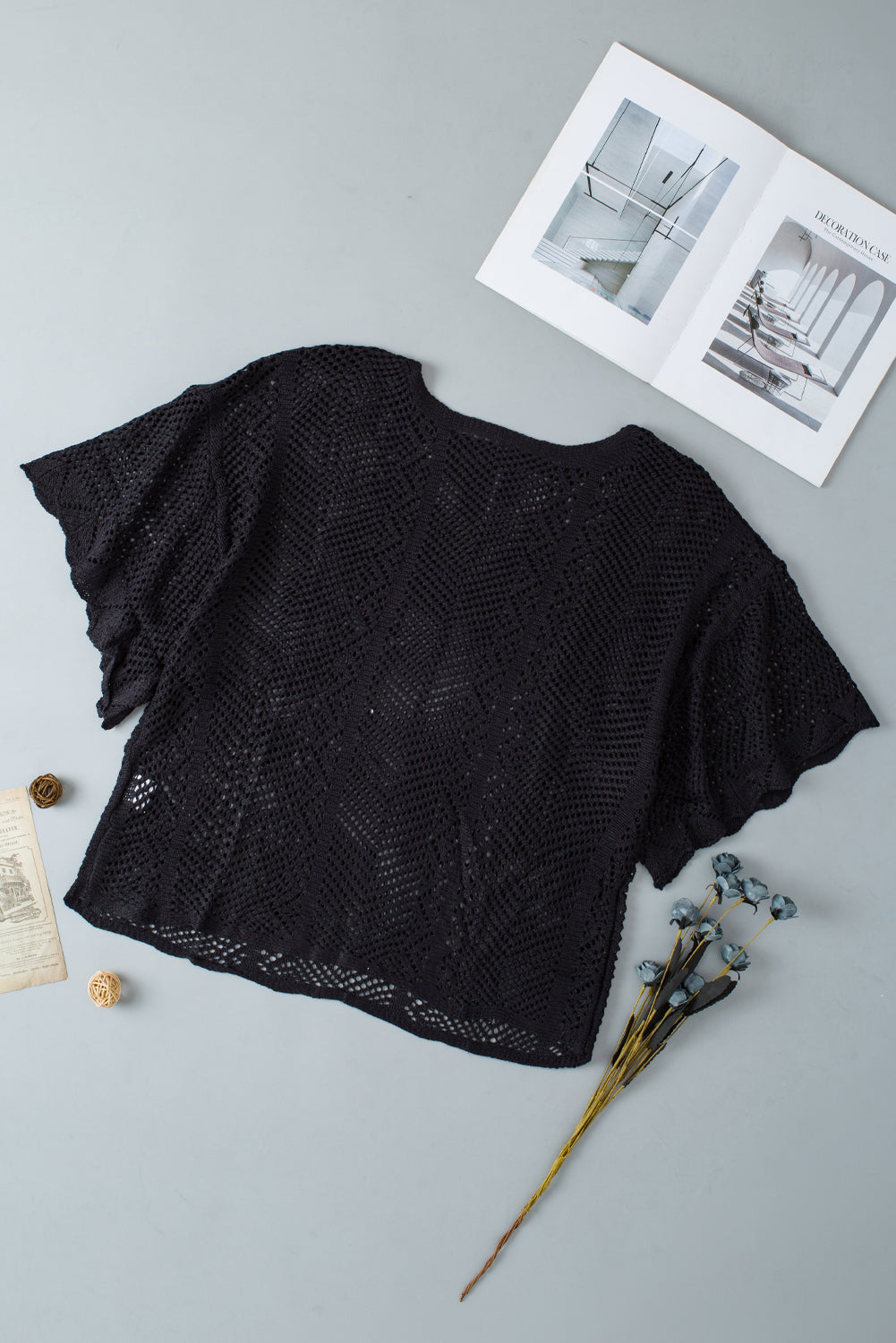 Black Pointelle Knit Scallop Edge Short Sleeve Top - Premium Sweaters & Cardigans/Short Sleeve Sweaters from Momma Done Gone Crafty- Just $28! Shop now at Momma Done Gone Crafty