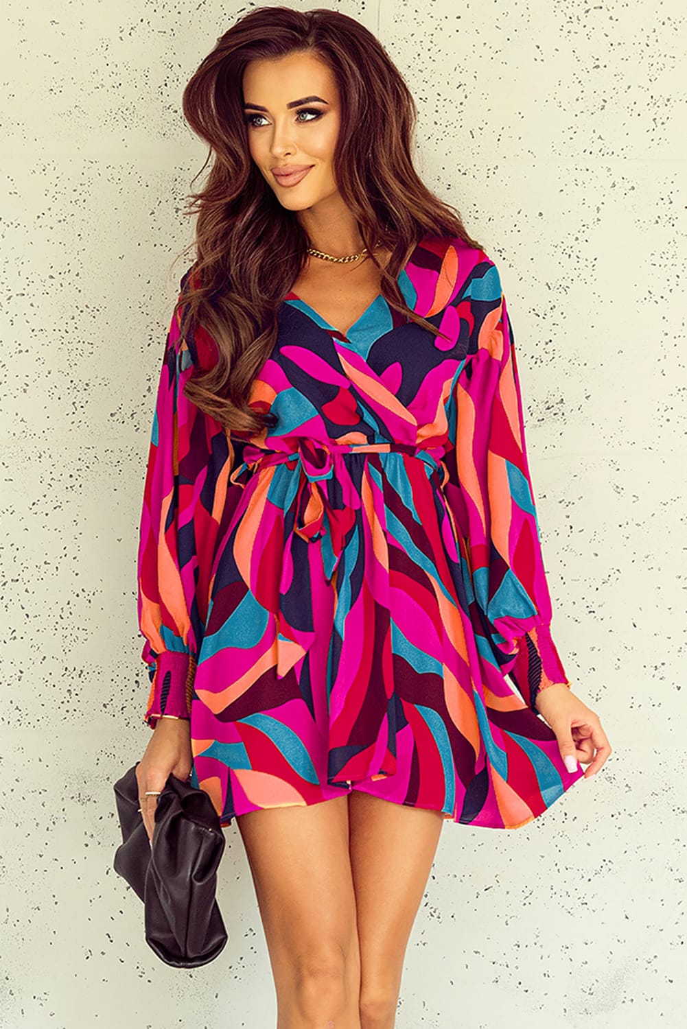 Red Abstract Printed Belted Puff Sleeve Mini Dress - Premium Dresses from Momma Done Gone Crafty- Just $49.94! Shop now at Momma Done Gone Crafty