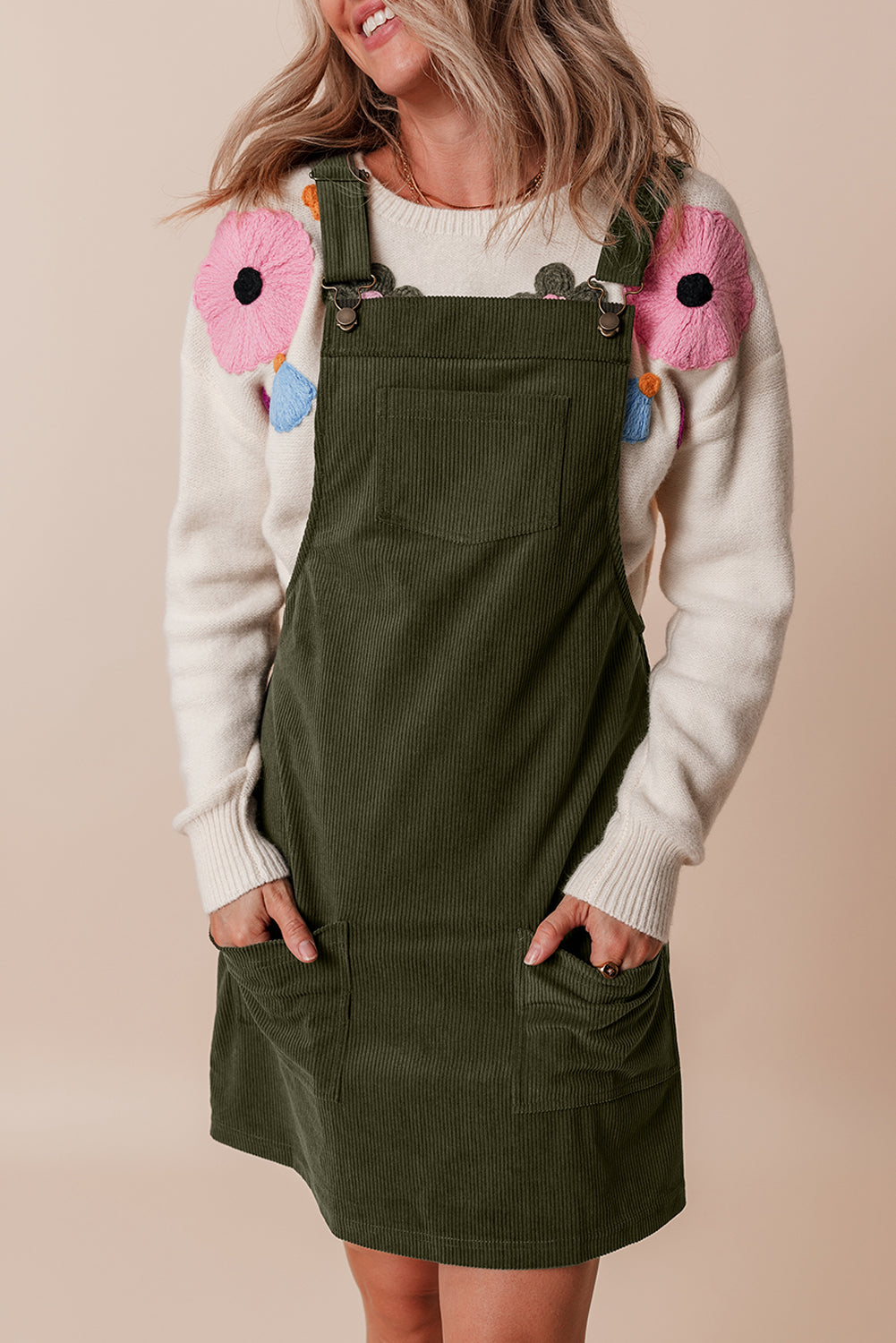 Vineyard Green Solid Front Pockets Sleeveless Corduroy Overall Dress - Premium Dresses/Mini Dresses from Ashes 2 Wildflowers Boutique, LLC- Just $20.43! Shop now at Ashes 2 Wildflowers Boutique, LLC