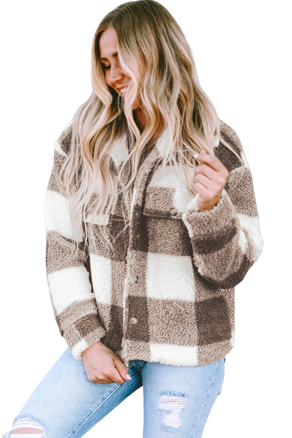 Khaki Plaid Sherpa Buttoned Flap Pocket Shacket - Premium Outerwear from Momma Done Gone Crafty- Just $48.99! Shop now at Momma Done Gone Crafty