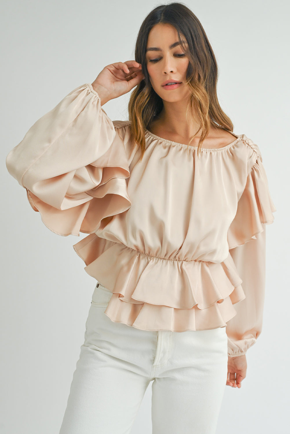 Oatmeal Lace-up Keyhole Back Ruffled Peplum Blouse - Premium Tops/Blouses & Shirts from Ashes 2 Wildflowers Boutique, LLC- Just $33.80! Shop now at Ashes 2 Wildflowers Boutique, LLC