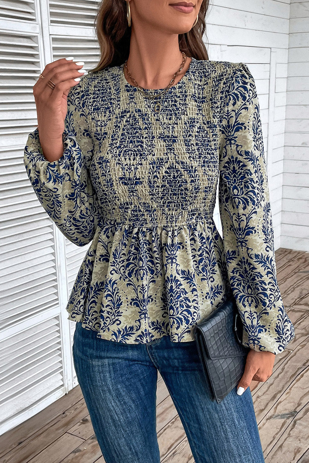 Sky Blue Boho Printed Balloon Sleeve Smocked Peplum Blouse - Premium Tops/Blouses & Shirts from Ashes 2 Wildflowers Boutique, LLC- Just $23.73! Shop now at Ashes 2 Wildflowers Boutique, LLC