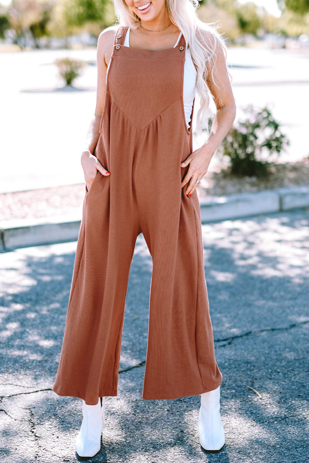 Gold Flame Textured Buttoned Straps Ruched Wide Leg Jumpsuit - Premium Bottoms/Jumpsuits & Rompers from Ashes 2 Wildflowers Boutique, LLC- Just $26.56! Shop now at Ashes 2 Wildflowers Boutique, LLC