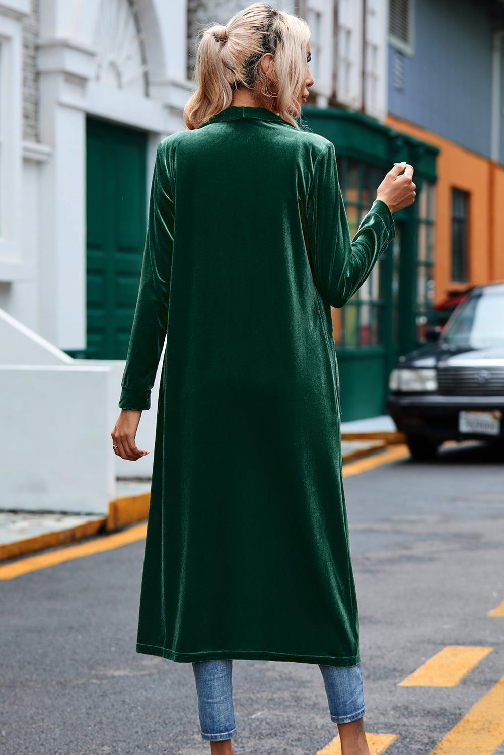 Green Velvet Open Front Pocketed Long Duster - Premium Tops from Momma Done Gone Crafty- Just $41.40! Shop now at Momma Done Gone Crafty
