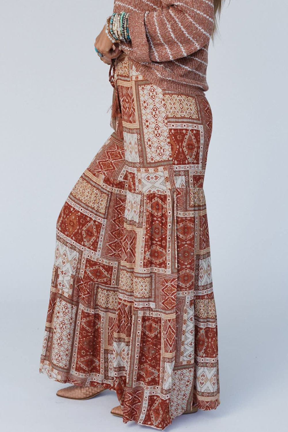 Brown Boho Aztec Print Tiered Palazzo Pants - Premium Bottoms/Pants & Culotte from Momma Done Gone Crafty- Just $26.55! Shop now at Momma Done Gone Crafty