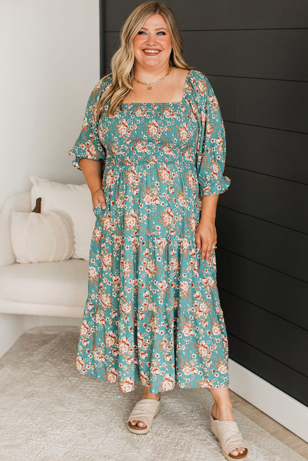 Green Plus Size Floral Print Square Neck Smocked Maxi Dress - Premium Plus Size/Plus Size Dresses/Plus Size Maxi Dresses from Momma Done Gone Crafty- Just $49.95! Shop now at Momma Done Gone Crafty