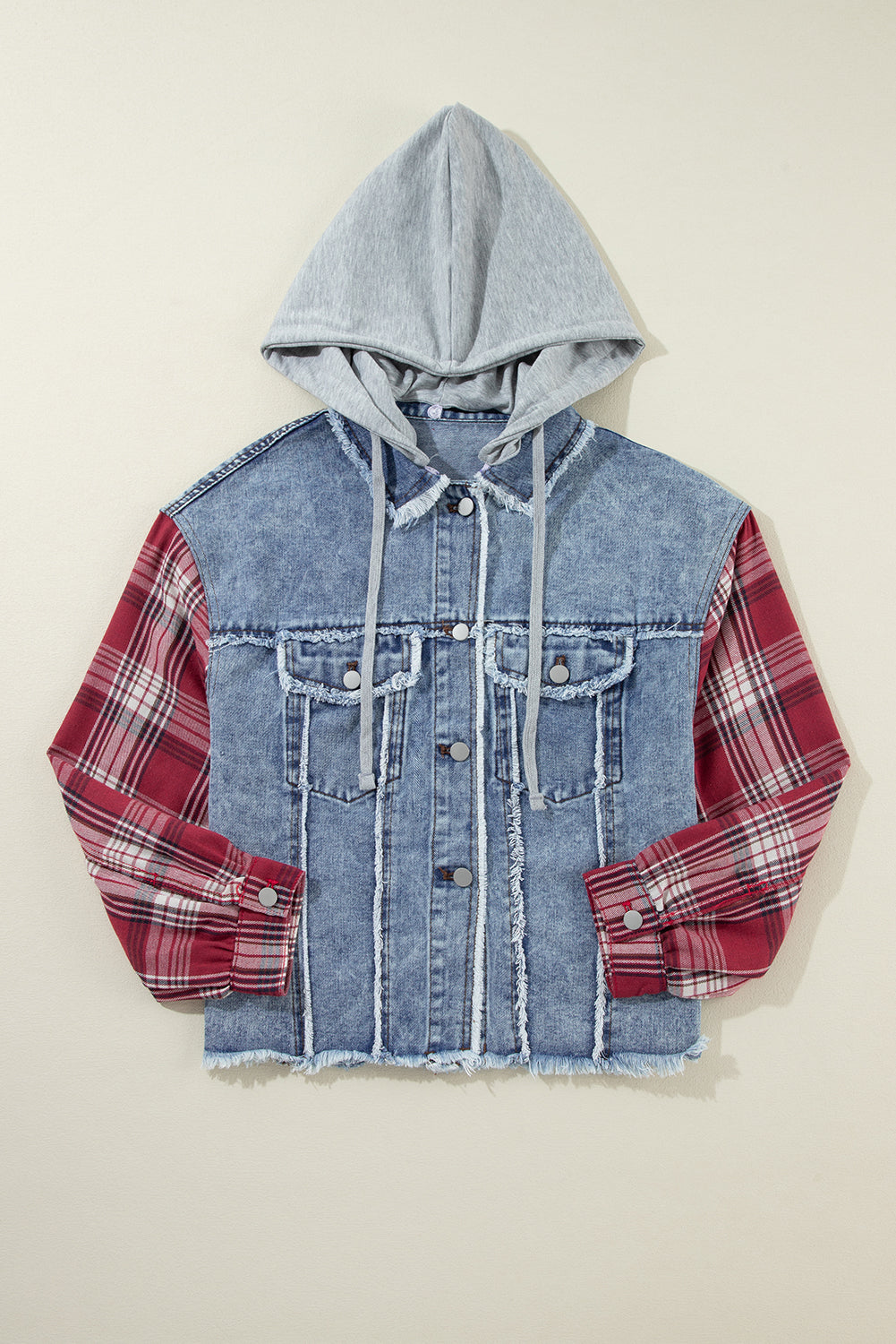 Beau Blue Plaid Print Patchwork Hooded Raw Hem Denim Jacket - Premium Outerwear/Denim jackets from Ashes 2 Wildflowers Boutique, LLC- Just $34.30! Shop now at Ashes 2 Wildflowers Boutique, LLC