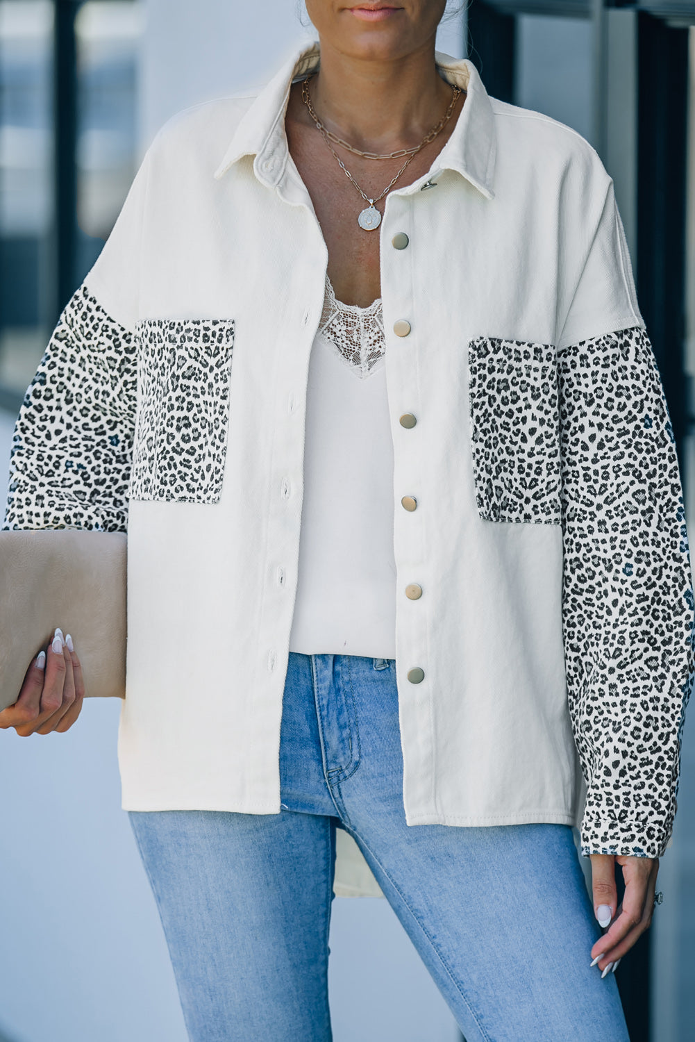 White Contrast Leopard Denim Jacket - Premium Outerwear/Denim jackets from Momma Done Gone Crafty- Just $55! Shop now at Momma Done Gone Crafty