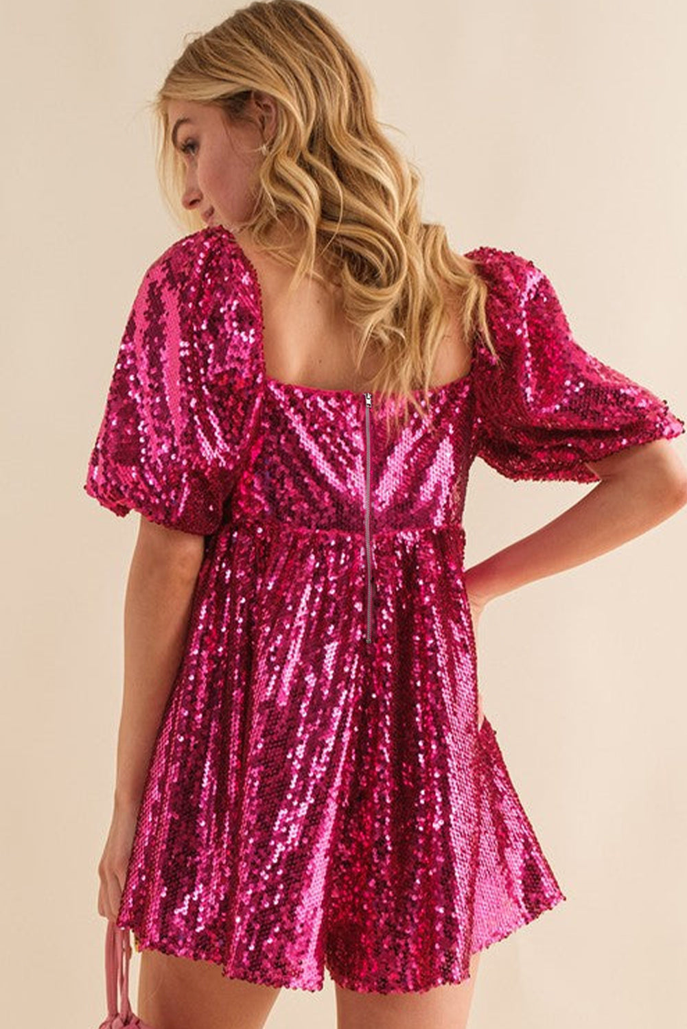 Rose Red Short Puff Sleeve Sequin Babydoll Romper - Premium Bottoms/Jumpsuits & Rompers from Momma Done Gone Crafty- Just $42.90! Shop now at Momma Done Gone Crafty