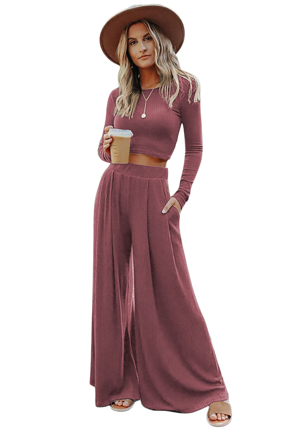 Solid Color Ribbed Crop Top Long Pants Set - Premium Loungewear from Momma Done Gone Crafty- Just $62.94! Shop now at Momma Done Gone Crafty