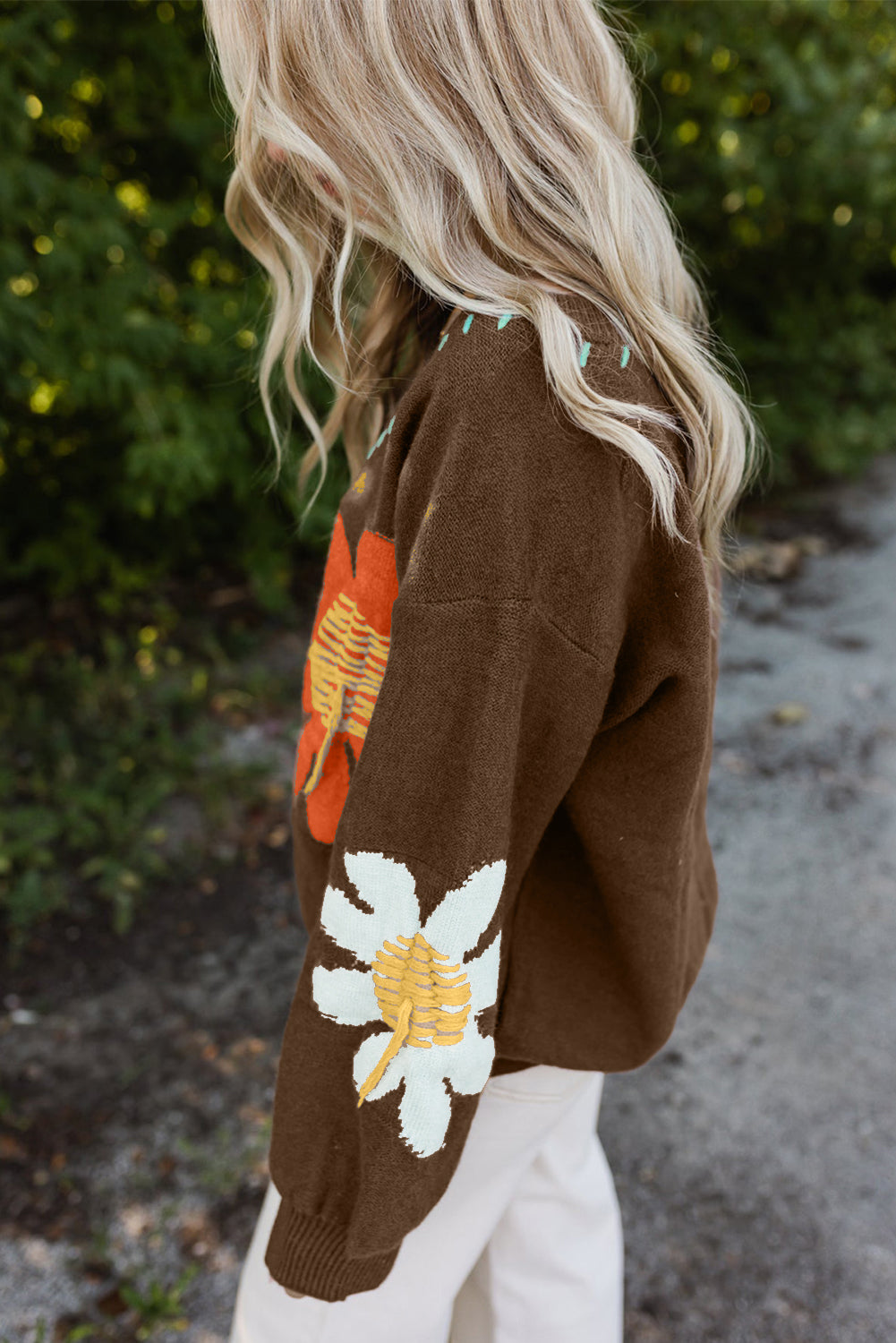 Coffee Big Flower Pattern V Neck Drop Shoulder Sweater - Premium Sweaters & Cardigans/Sweaters from Ashes 2 Wildflowers Boutique, LLC- Just $39.28! Shop now at Ashes 2 Wildflowers Boutique, LLC