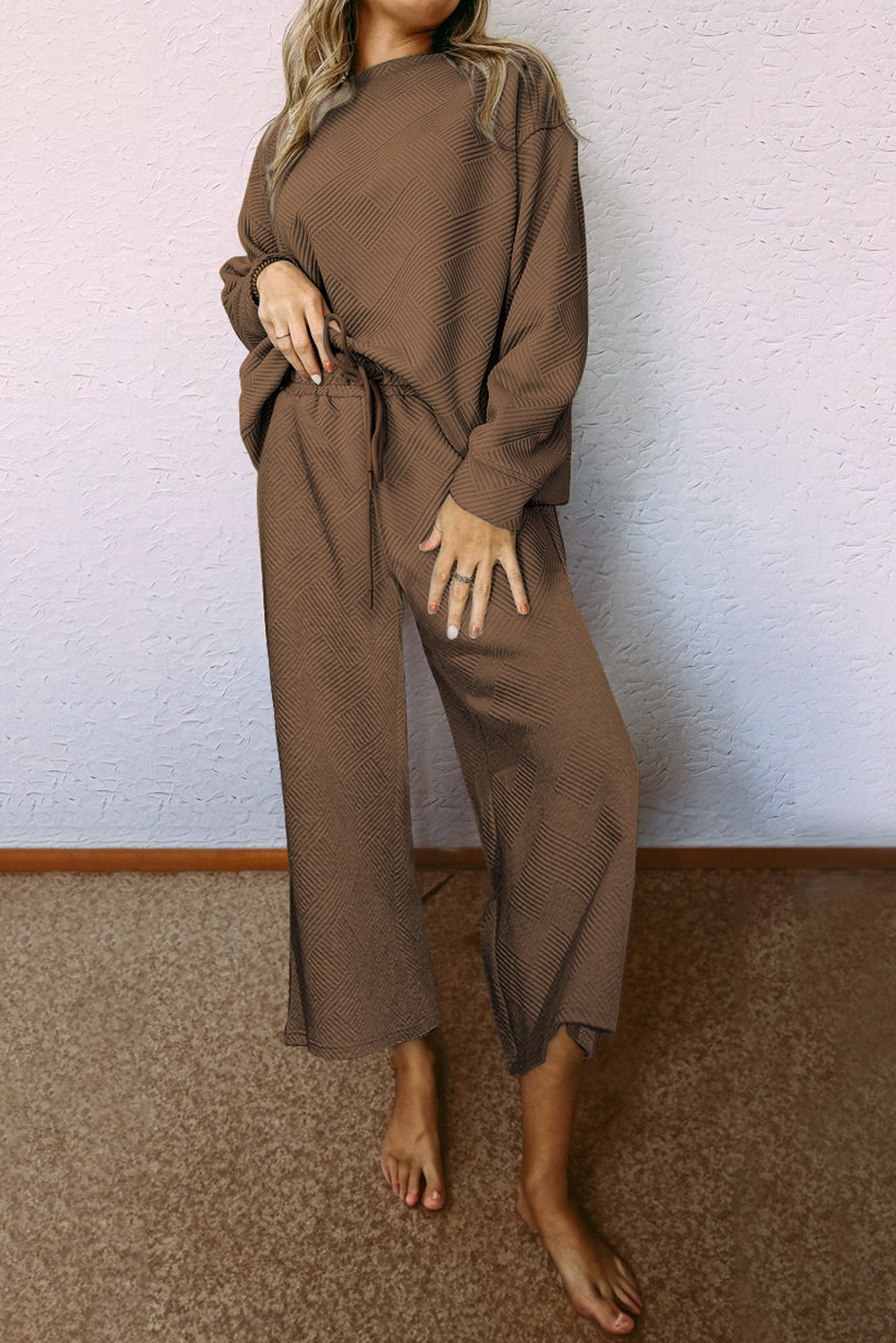 Dark Brown Ultra Loose Textured 2pcs Slouchy Outfit - Premium Loungewear from Momma Done Gone Crafty- Just $36.60! Shop now at Momma Done Gone Crafty
