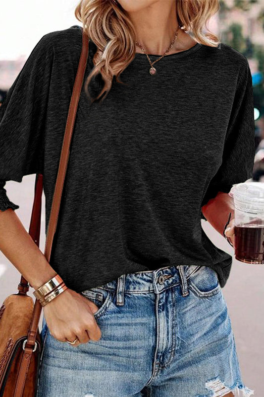 Black Smocked 3/4 Sleeve Casual Loose Top - Premium Tops from Momma Done Gone Crafty- Just $57! Shop now at Momma Done Gone Crafty