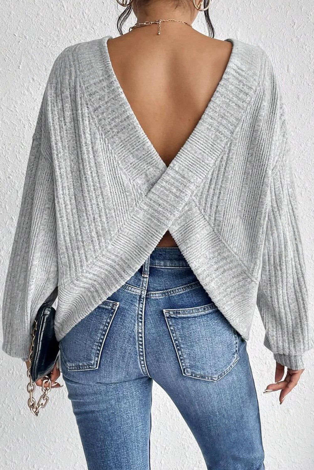 Light Grey Textured Crossover Backless Knit Long Sleeve Top - Premium Tops/Long Sleeve Tops from Momma Done Gone Crafty- Just $16.80! Shop now at Momma Done Gone Crafty