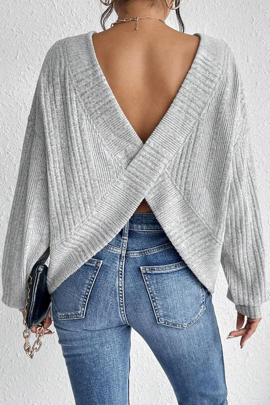 Light Grey Textured Crossover Backless Knit Long Sleeve Top - Premium Tops/Long Sleeve Tops from Momma Done Gone Crafty- Just $16.80! Shop now at Momma Done Gone Crafty