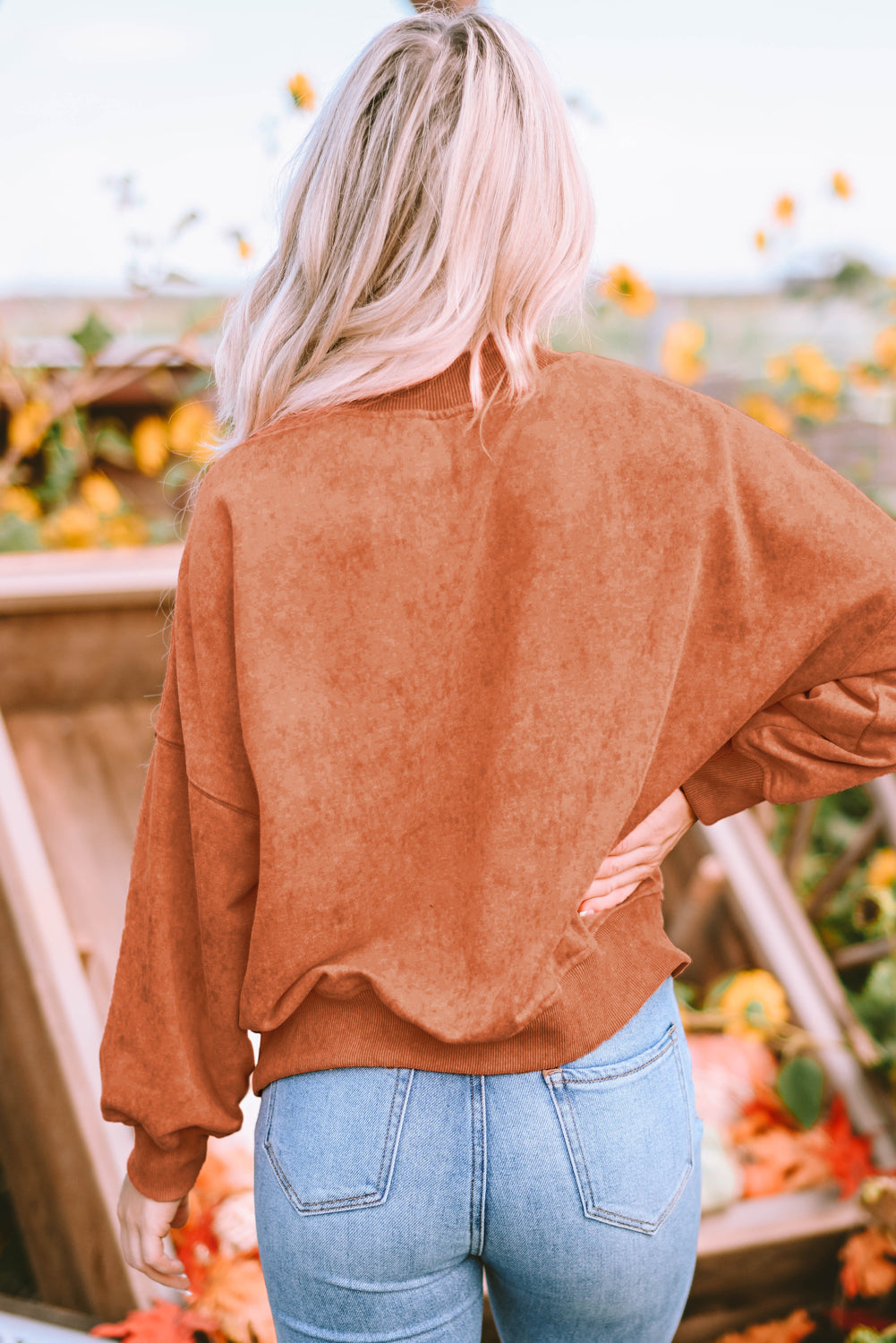Orange Drop Shoulder Crew Neck Pullover Sweatshirt - Premium Tops from Momma Done Gone Crafty- Just $41.94! Shop now at Momma Done Gone Crafty