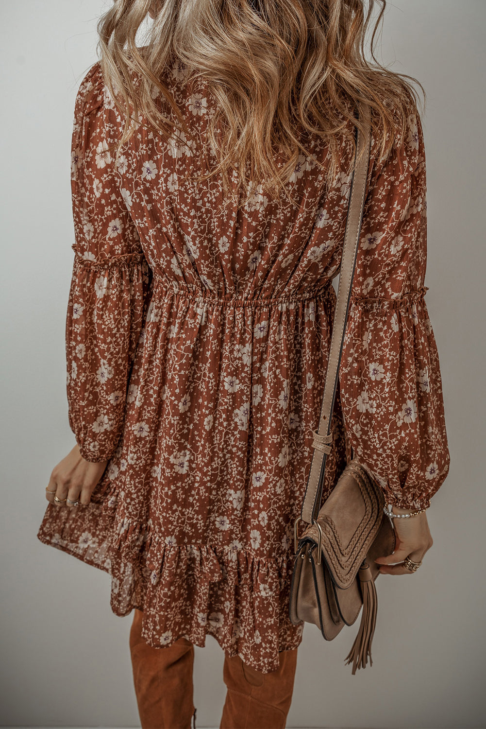 Brown Boho Floral Ruffled Puff Sleeve V Neck Mini Dress - Premium Dresses/Floral Dresses from Momma Done Gone Crafty- Just $35.10! Shop now at Momma Done Gone Crafty