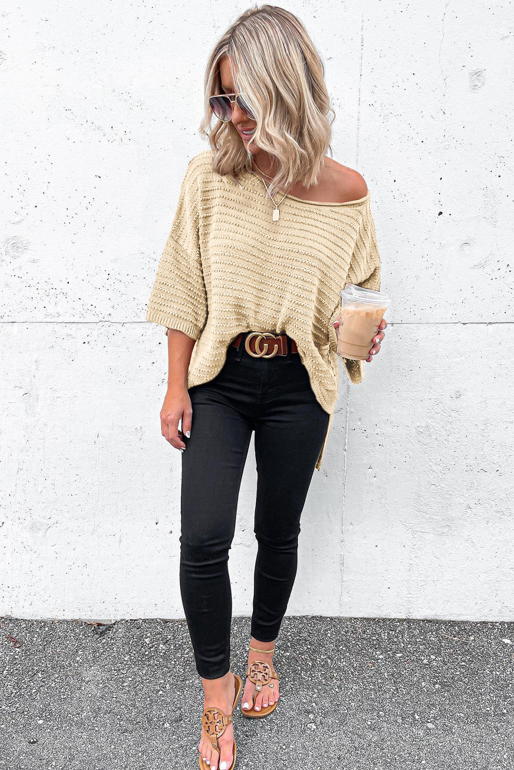 Apricot Textured Knit Drop Shoulder Tee - Premium Tops from Momma Done Gone Crafty- Just $67.20! Shop now at Momma Done Gone Crafty