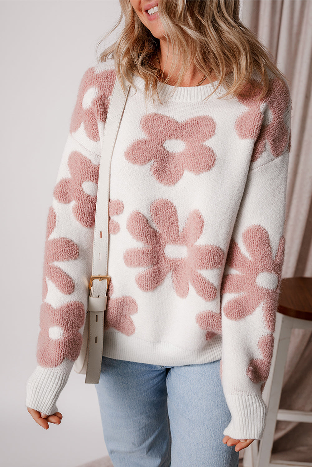 White Textured Flower Drop Shoulder Loose Sweater - Premium Sweaters & Cardigans/Sweaters from Ashes 2 Wildflowers Boutique, LLC- Just $36.43! Shop now at Ashes 2 Wildflowers Boutique, LLC
