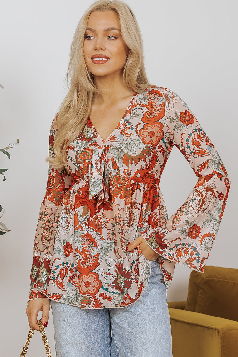 Orange Floral Print Deep V Neck Knot Bell Sleeve Blouse - Premium Tops/Blouses & Shirts from Ashes 2 Wildflowers Boutique, LLC- Just $17.58! Shop now at Ashes 2 Wildflowers Boutique, LLC