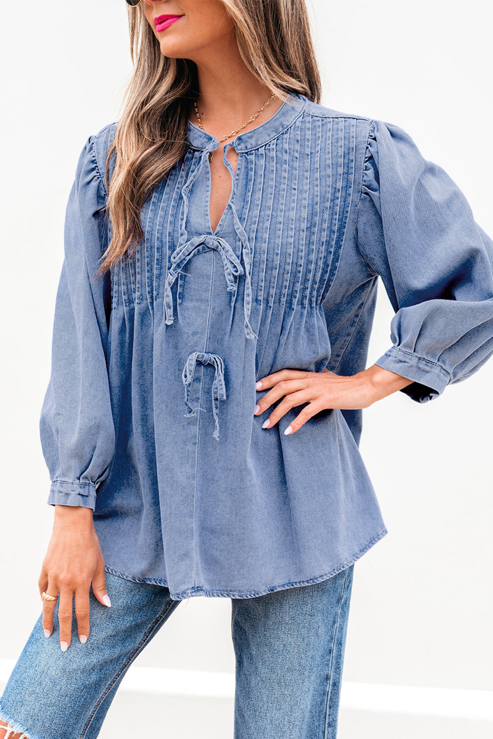 Myosotis Denim Front Pintuck Bow Tie Puff Sleeve Top - Premium Tops/Blouses & Shirts from Ashes 2 Wildflowers Boutique, LLC- Just $28.90! Shop now at Ashes 2 Wildflowers Boutique, LLC