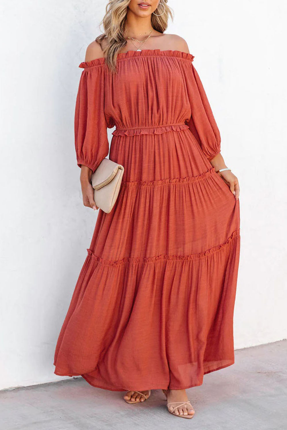 Orange Off Shoulder Balloon Sleeve Cutout Ruffled Maxi Dress - Premium Dresses from Momma Done Gone Crafty- Just $54.99! Shop now at Momma Done Gone Crafty