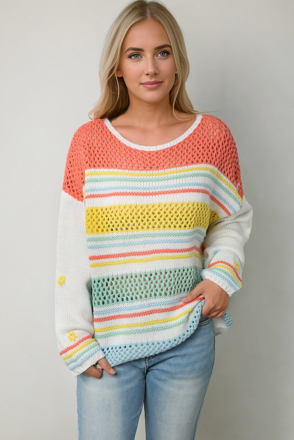 Multicolor Hollow Striped Knit Contrast Sleeve Sweater - Premium Tops from Momma Done Gone Crafty- Just $39.90! Shop now at Momma Done Gone Crafty