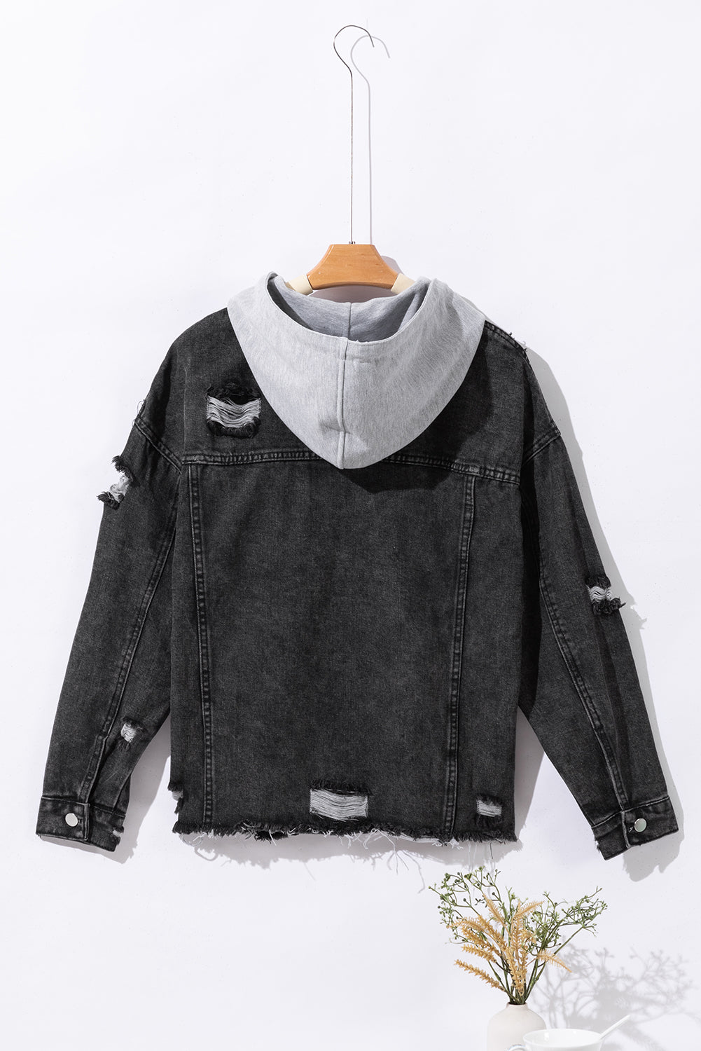 Black Drawstring Hooded Frayed Denim Jacket - Premium Outerwear from Momma Done Gone Crafty- Just $52.23! Shop now at Momma Done Gone Crafty