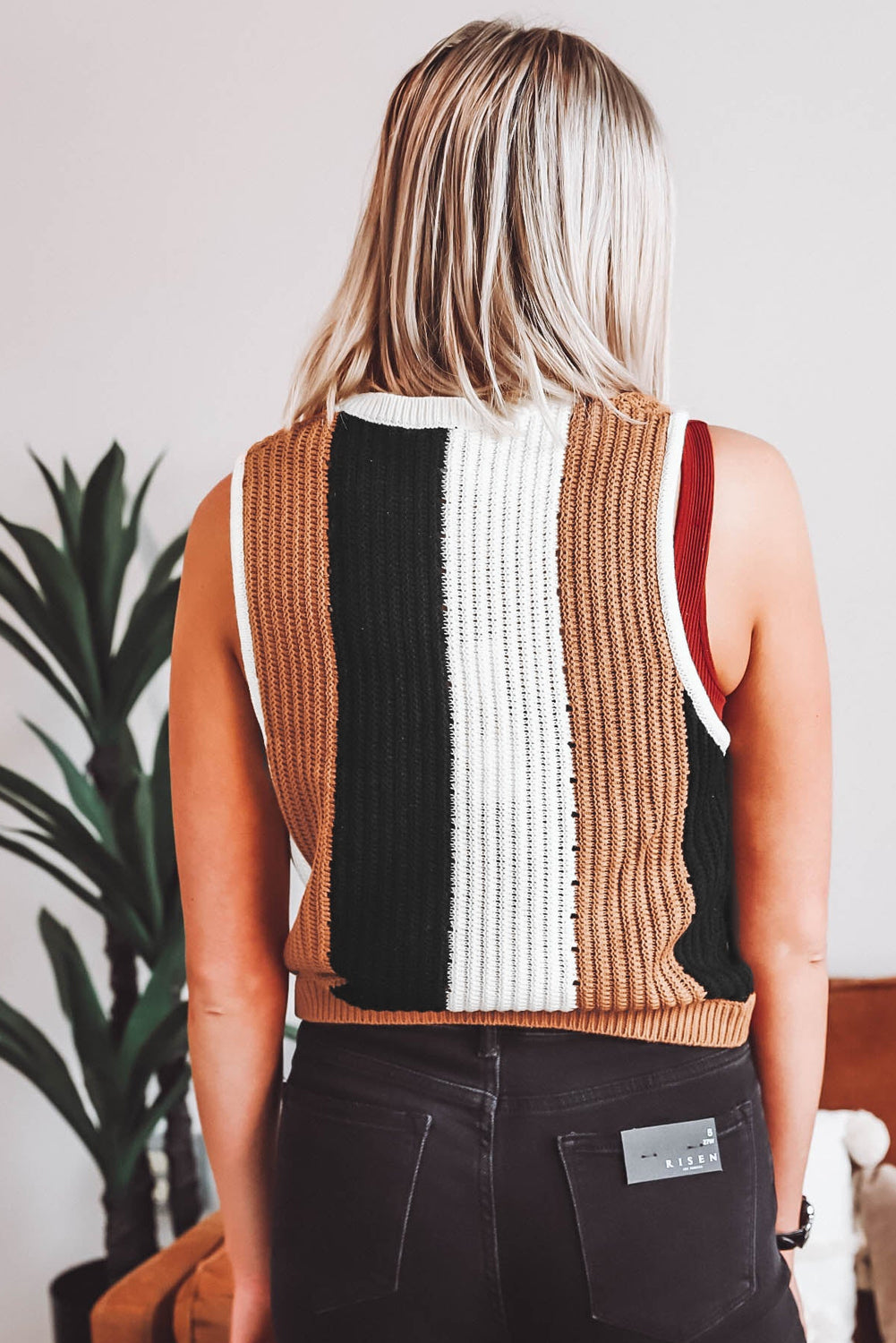 Khaki Stripe Color Block Sleeveless Knitted Sweater Vest - Premium Sweaters & Cardigans/Sweater Vests from Ashes 2 Wildflowers Boutique, LLC- Just $30.50! Shop now at Ashes 2 Wildflowers Boutique, LLC
