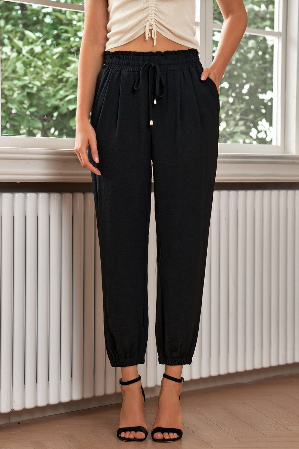 Black Solid Color Drawstring Smocked Waist Joggers - Premium Bottoms from Momma Done Gone Crafty- Just $47.40! Shop now at Momma Done Gone Crafty