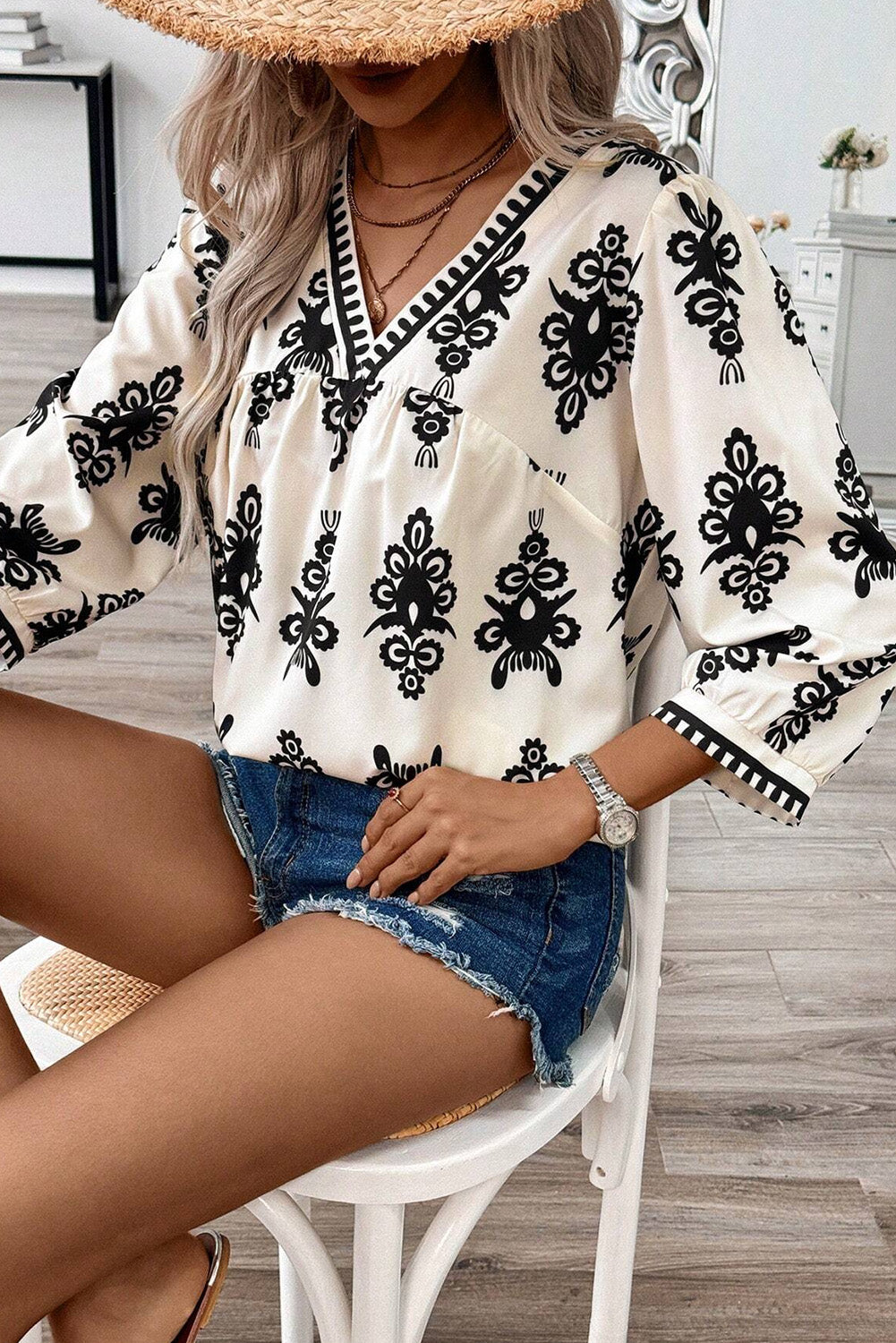 Beige Vintage Geometric Printed 3/4 Sleeve V Neck Blouse - Premium Tops/Blouses & Shirts from Ashes 2 Wildflowers Boutique, LLC- Just $28.93! Shop now at Ashes 2 Wildflowers Boutique, LLC