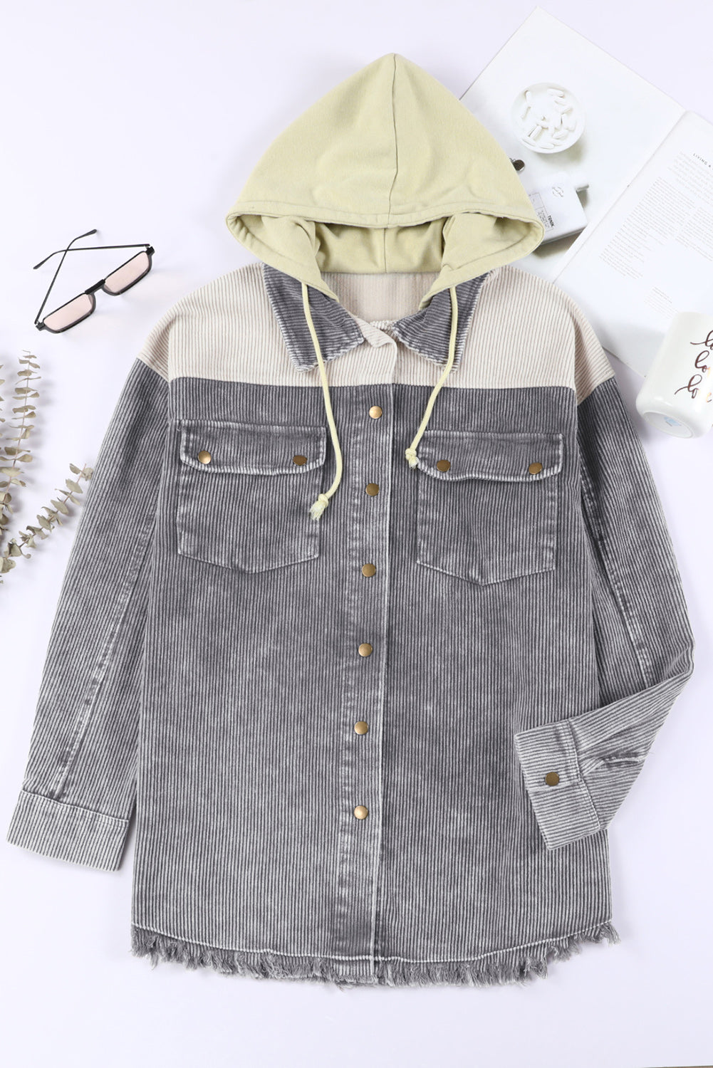 Gray Color Block Button Down Hooded Corduroy Jacket - Premium Outerwear from Momma Done Gone Crafty- Just $68.94! Shop now at Momma Done Gone Crafty