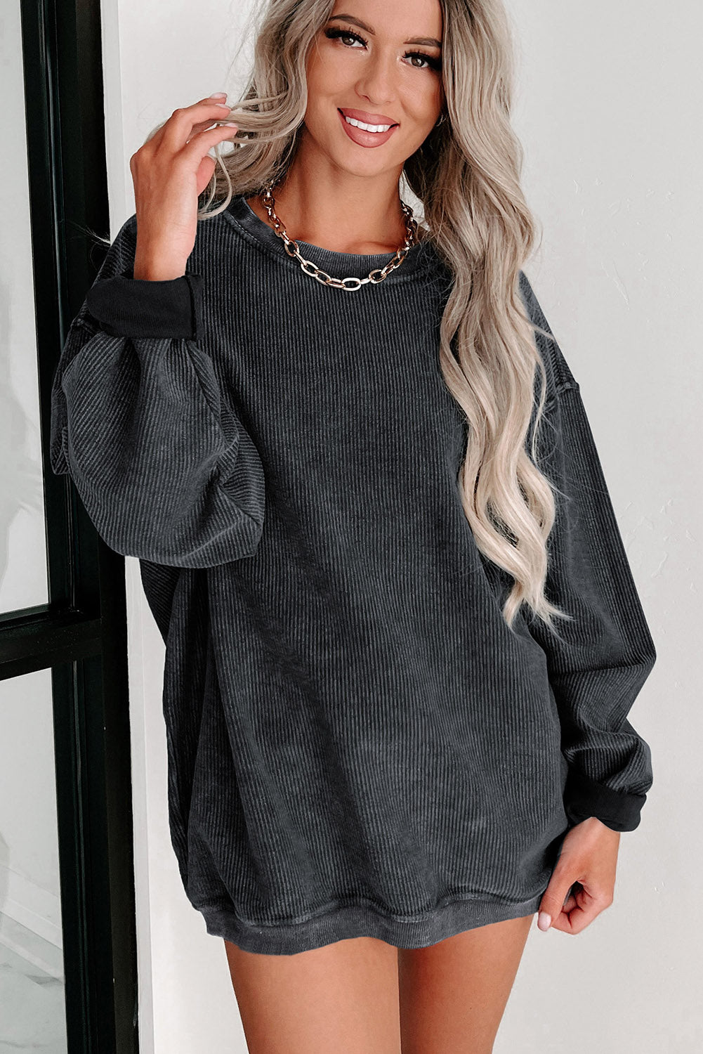 Black Solid Ribbed Knit Round Neck Pullover Sweatshirt - Premium Tops from Momma Done Gone Crafty- Just $41.94! Shop now at Momma Done Gone Crafty