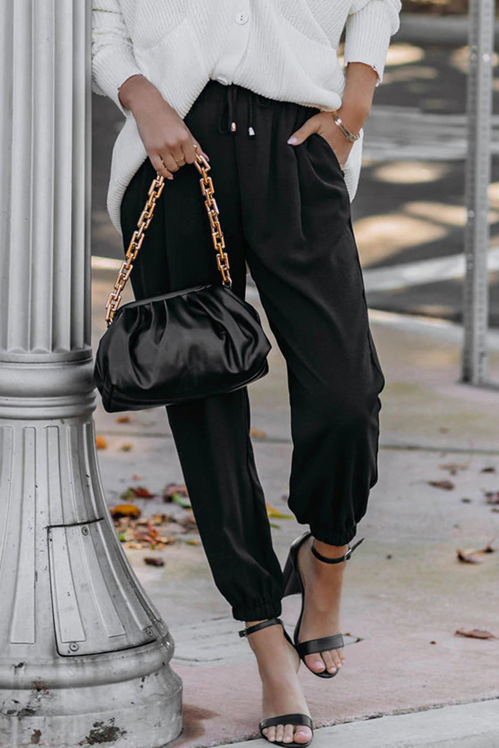 Black Solid Color Drawstring Smocked Waist Joggers - Premium Bottoms from Momma Done Gone Crafty- Just $47.40! Shop now at Momma Done Gone Crafty
