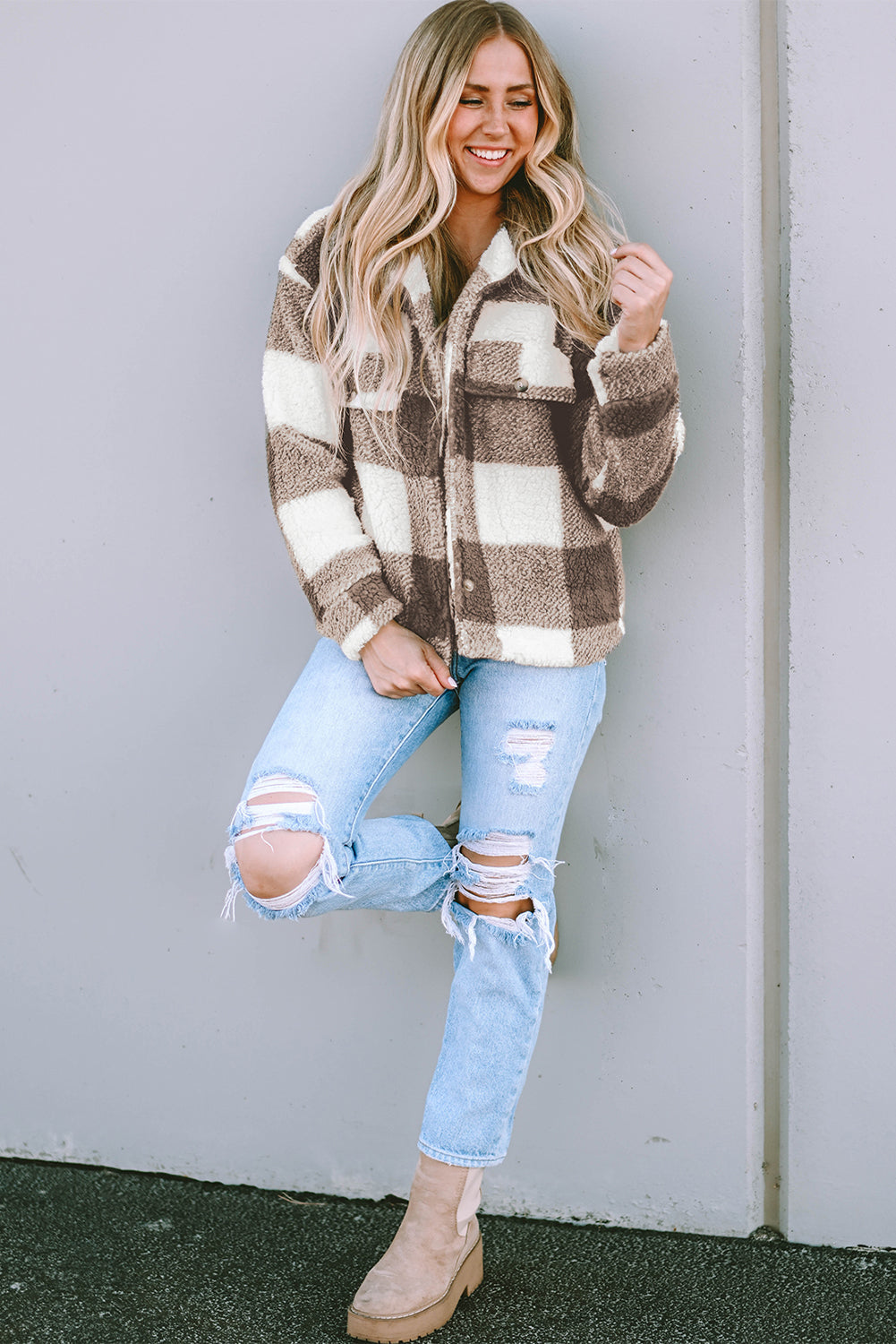 Khaki Plaid Sherpa Buttoned Flap Pocket Shacket - Premium Outerwear from Momma Done Gone Crafty- Just $48.99! Shop now at Momma Done Gone Crafty