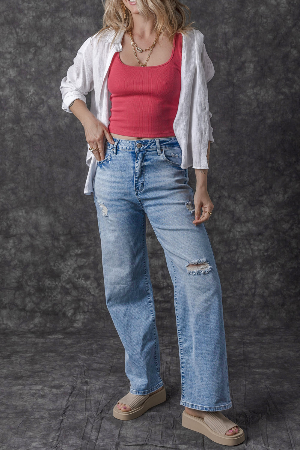 Light Blue High Rise Distressed Straight Leg Jeans - Premium Bottoms/Jeans from Ashes 2 Wildflowers Boutique, LLC- Just $37.14! Shop now at Ashes 2 Wildflowers Boutique, LLC