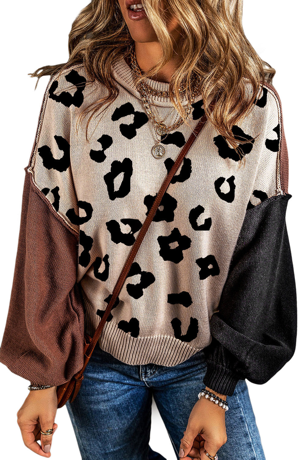 Coffee Leopard Print Colorblock Pullover Sweater - Premium Tops from Momma Done Gone Crafty- Just $48.99! Shop now at Momma Done Gone Crafty