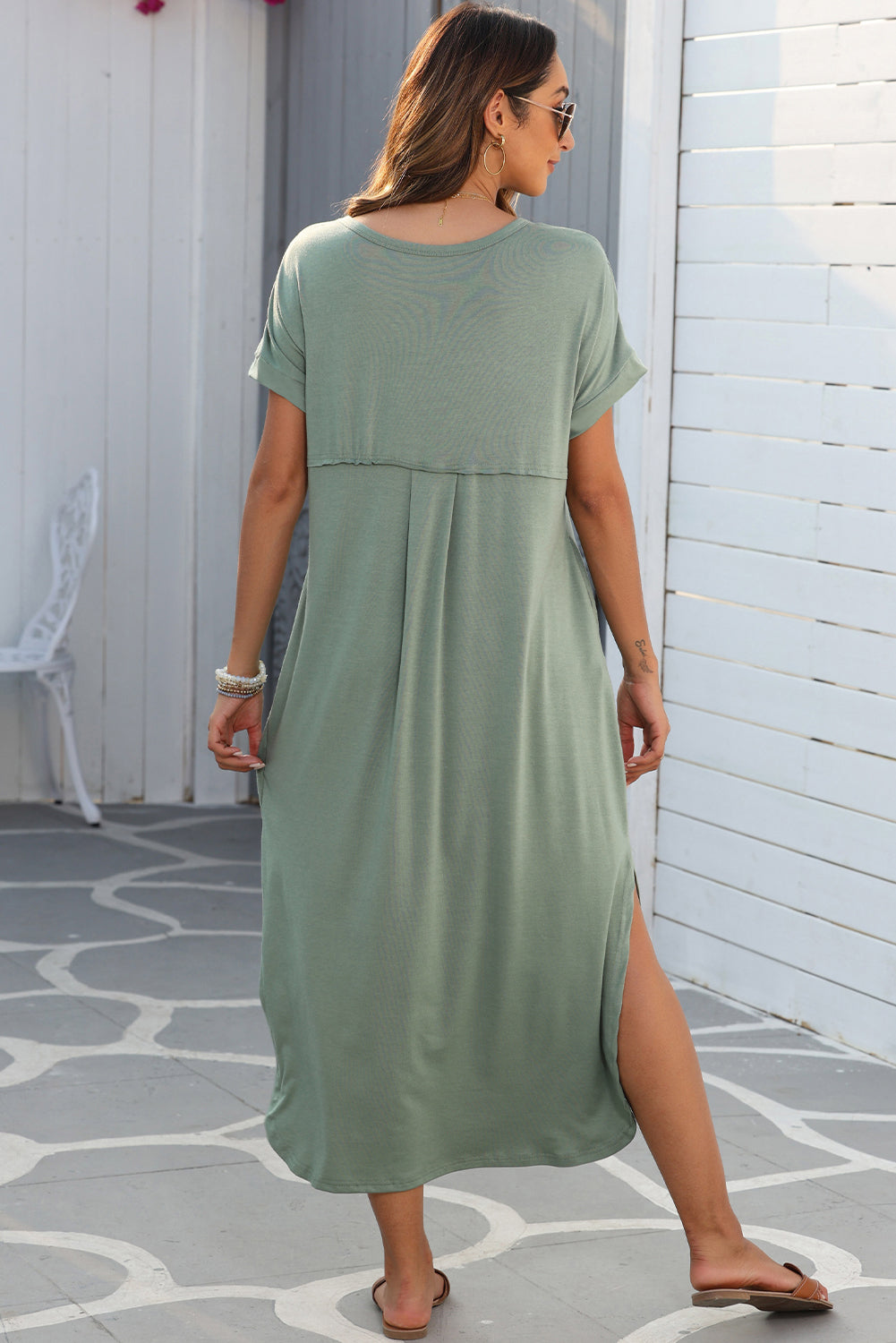 Grass Green V Neck Hidden Pocket Splits Maxi T-shirt Dress - Premium Dresses/T Shirt Dresses from Ashes 2 Wildflowers Boutique, LLC- Just $20.31! Shop now at Ashes 2 Wildflowers Boutique, LLC