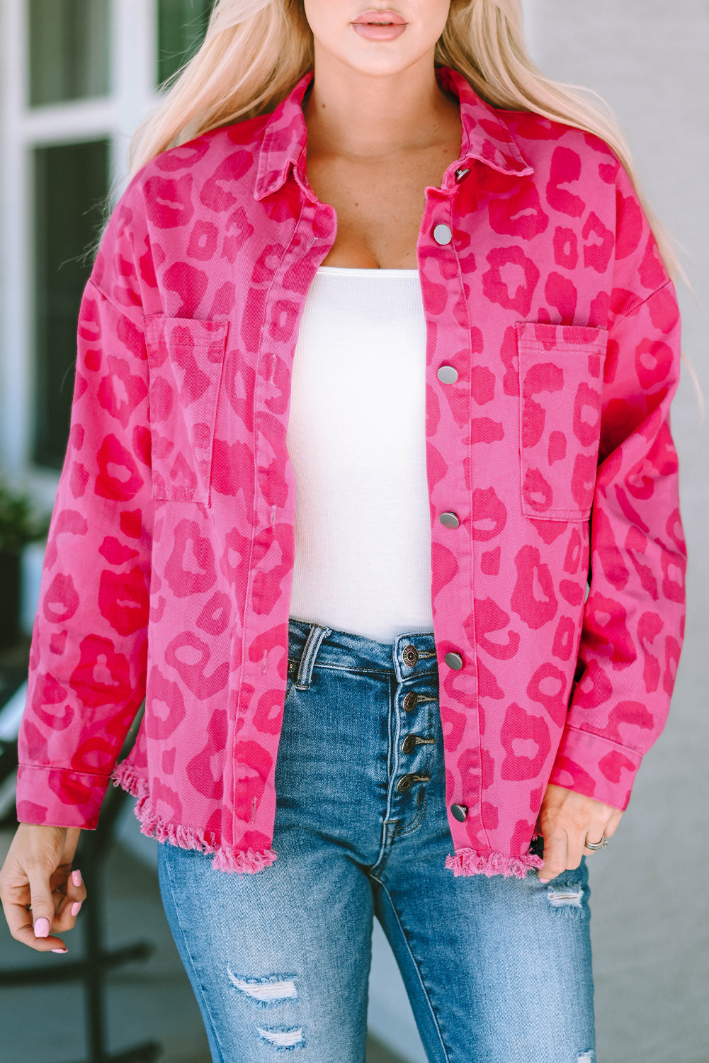 Pink Leopard Print Button Cuffs Raw Hem Jacket - Premium Outerwear from Momma Done Gone Crafty- Just $55.80! Shop now at Momma Done Gone Crafty