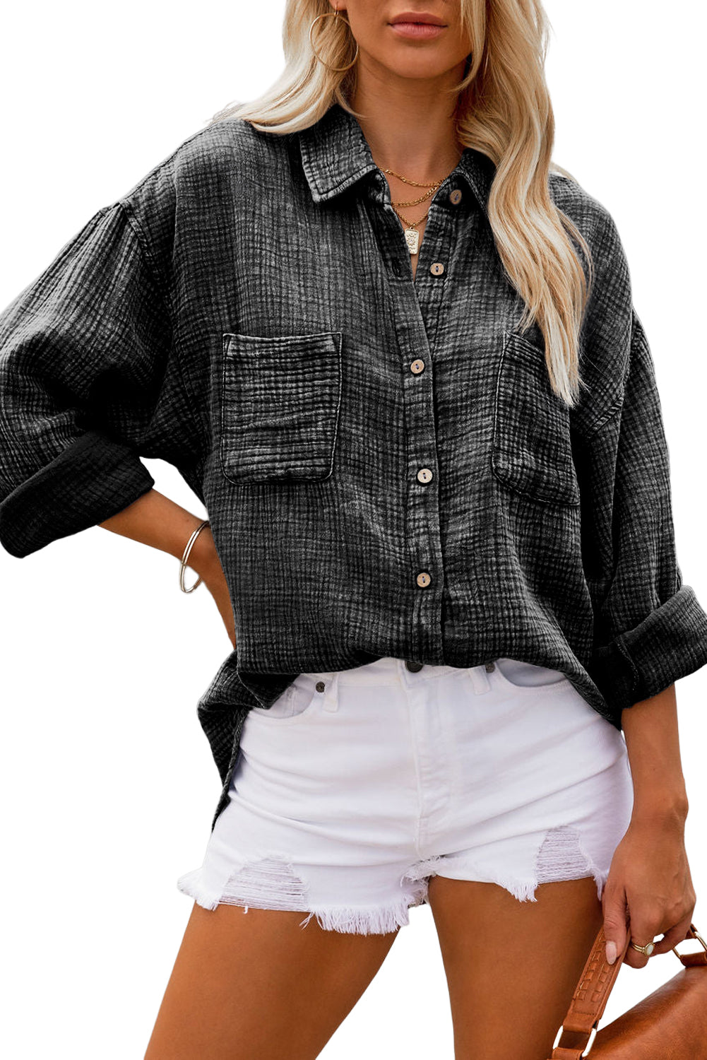 Black Mineral Wash Crinkle Textured Chest Pockets Shirt - Premium Tops from Momma Done Gone Crafty- Just $53.52! Shop now at Momma Done Gone Crafty