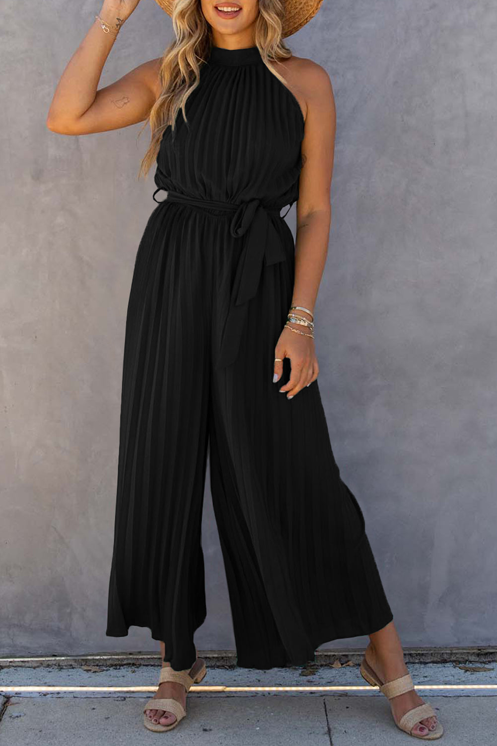Black Halter Neck Pleated Wide Leg Jumpsuit with Belt - Premium Bottoms/Jumpsuits & Rompers from Momma Done Gone Crafty- Just $38.40! Shop now at Momma Done Gone Crafty
