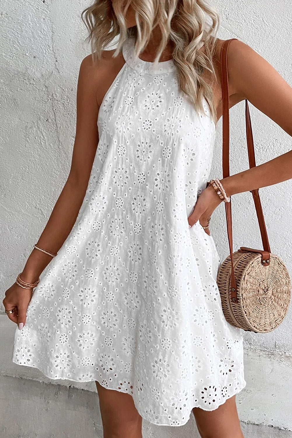 White Boho Eyelet Pattern Halter Neck Sleeveless Dress - Premium Dresses/Mini Dresses from Momma Done Gone Crafty- Just $24.72! Shop now at Momma Done Gone Crafty