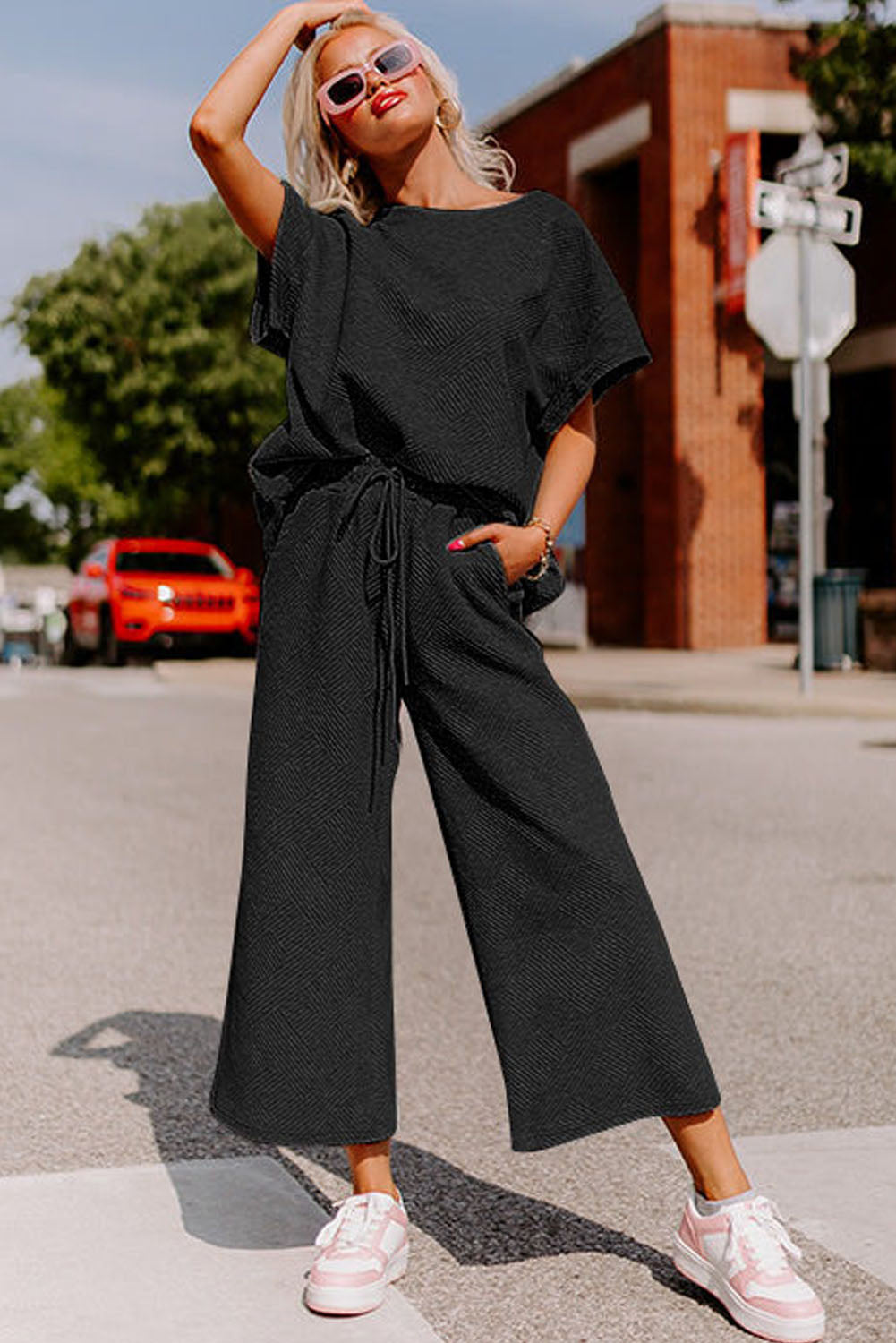 Black Textured Loose Fit T Shirt and Drawstring Pants Set - Premium Loungewear from Momma Done Gone Crafty- Just $58.99! Shop now at Momma Done Gone Crafty