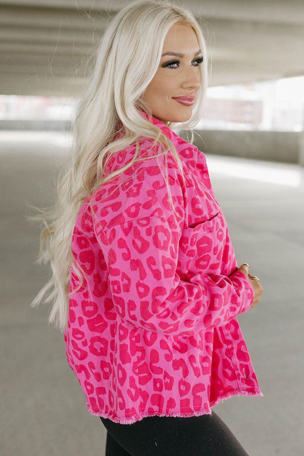 Pink Leopard Print Button Cuffs Raw Hem Jacket - Premium Outerwear from Momma Done Gone Crafty- Just $55.80! Shop now at Momma Done Gone Crafty