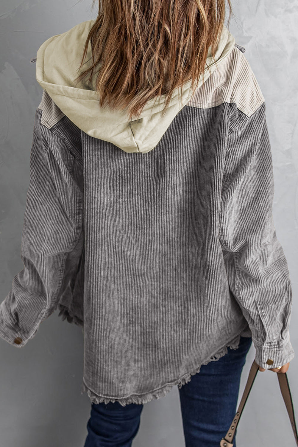 Gray Color Block Button Down Hooded Corduroy Jacket - Premium Outerwear from Momma Done Gone Crafty- Just $68.94! Shop now at Momma Done Gone Crafty