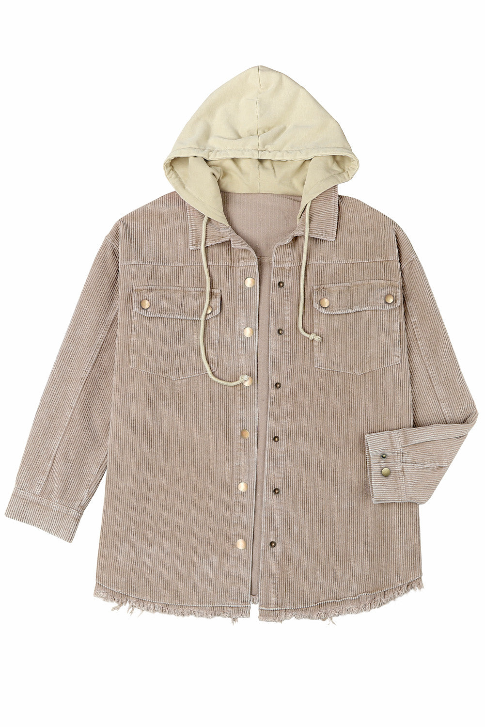 Khaki Patchwork Hooded Corduroy Shacket - Premium Outerwear from Momma Done Gone Crafty- Just $53.94! Shop now at Momma Done Gone Crafty