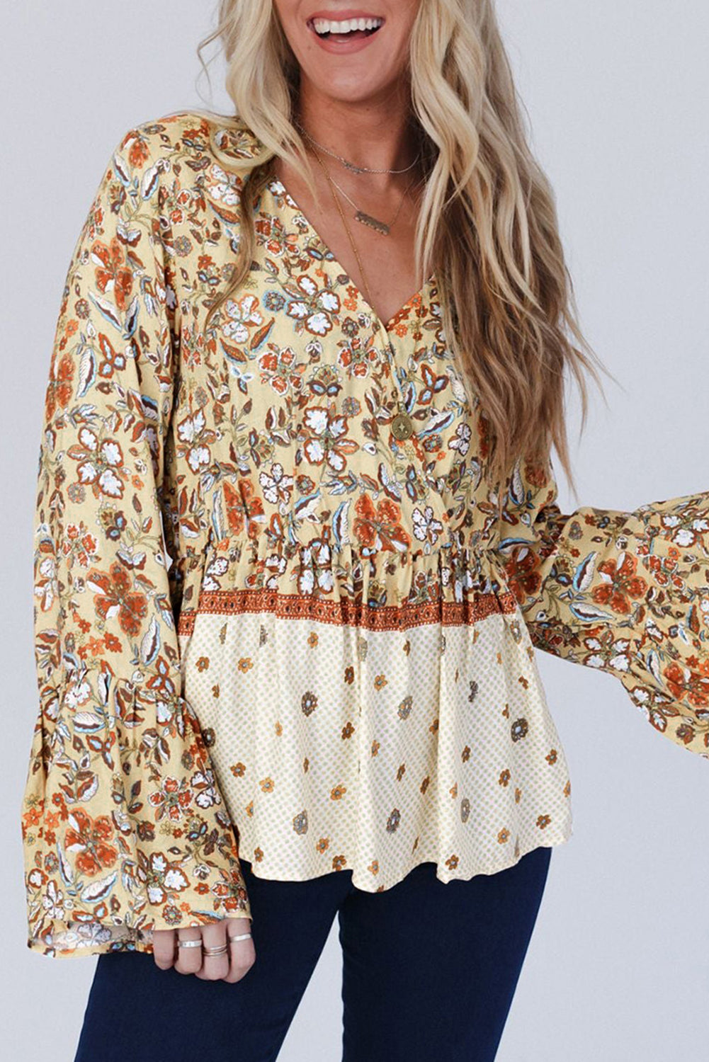 Yellow Printed Floral Bell Sleeve V Neck Wrapped Contrast Peplum Blouse - Premium Tops/Blouses & Shirts from Ashes 2 Wildflowers Boutique, LLC- Just $30.35! Shop now at Ashes 2 Wildflowers Boutique, LLC