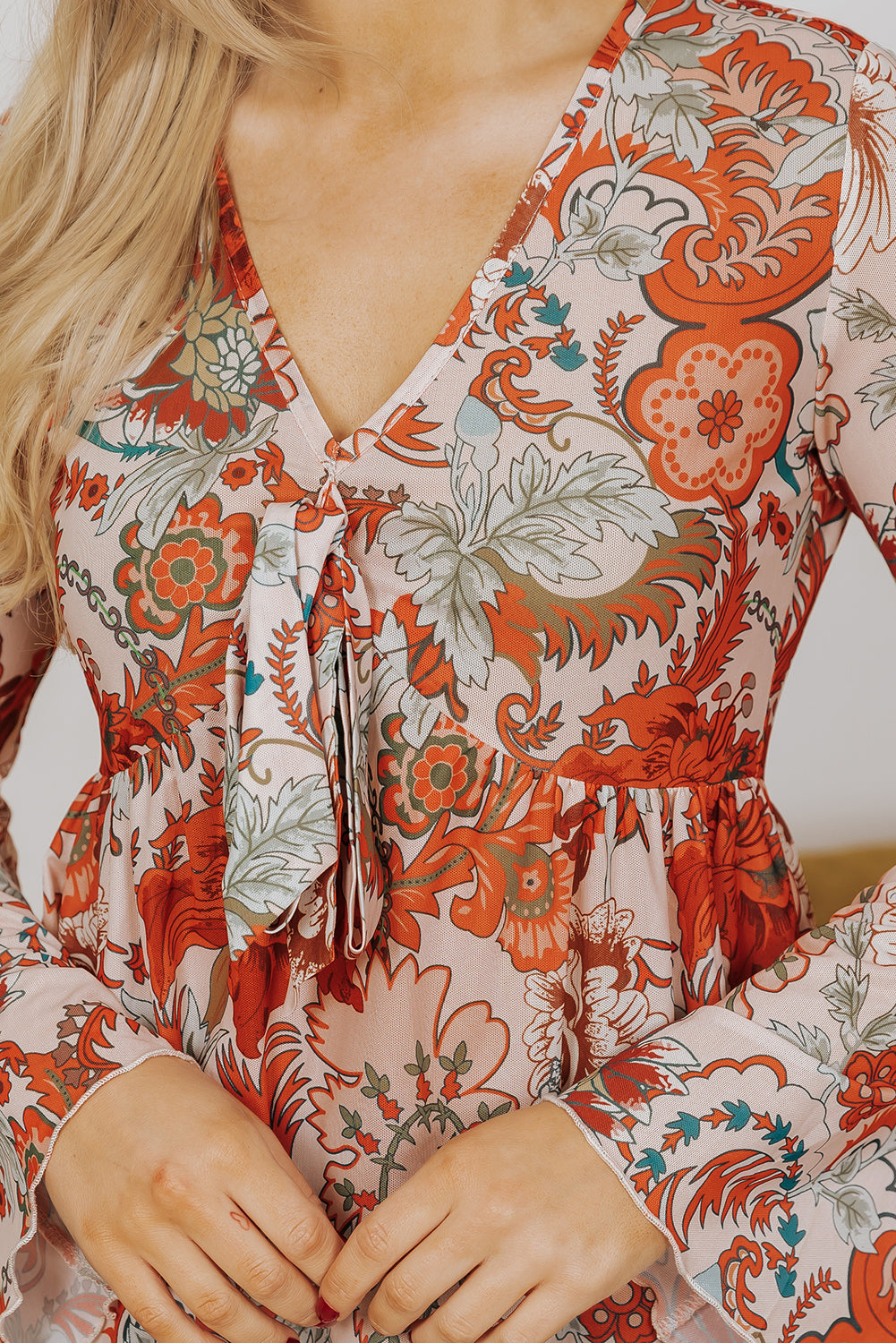 Orange Floral Print Deep V Neck Knot Bell Sleeve Blouse - Premium Tops/Blouses & Shirts from Ashes 2 Wildflowers Boutique, LLC- Just $17.58! Shop now at Ashes 2 Wildflowers Boutique, LLC